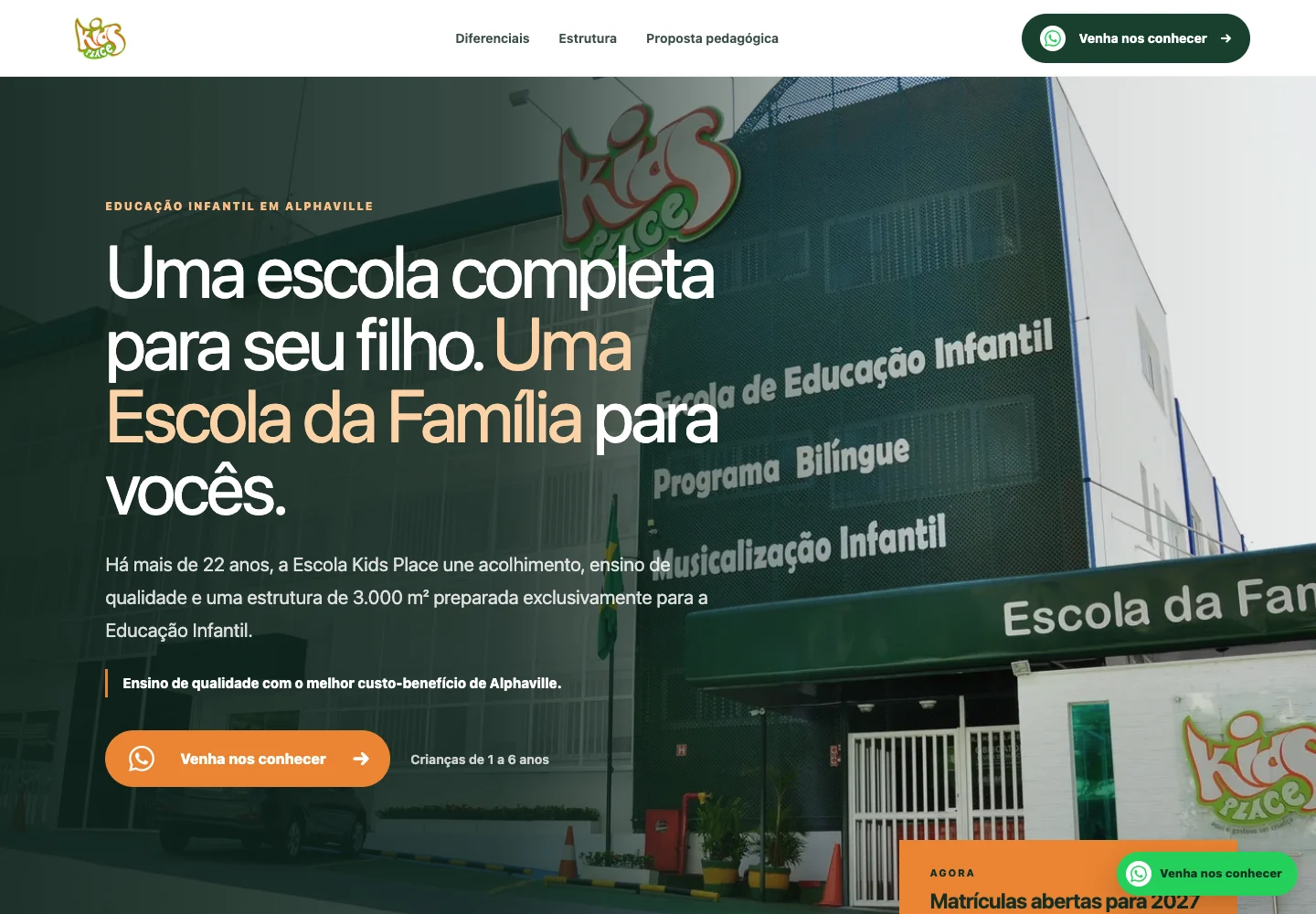 Página de matrículas da Escola Kids Place desenvolvida pela GreenWeb