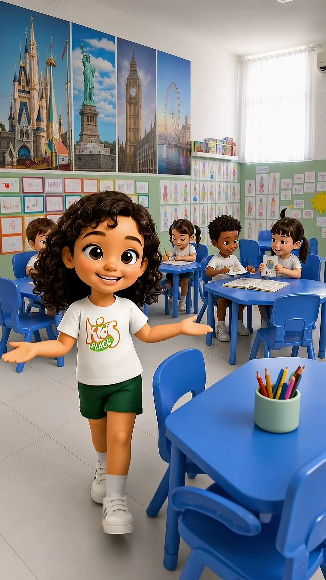 Nina em uma sala de aula recriada em animação 3D