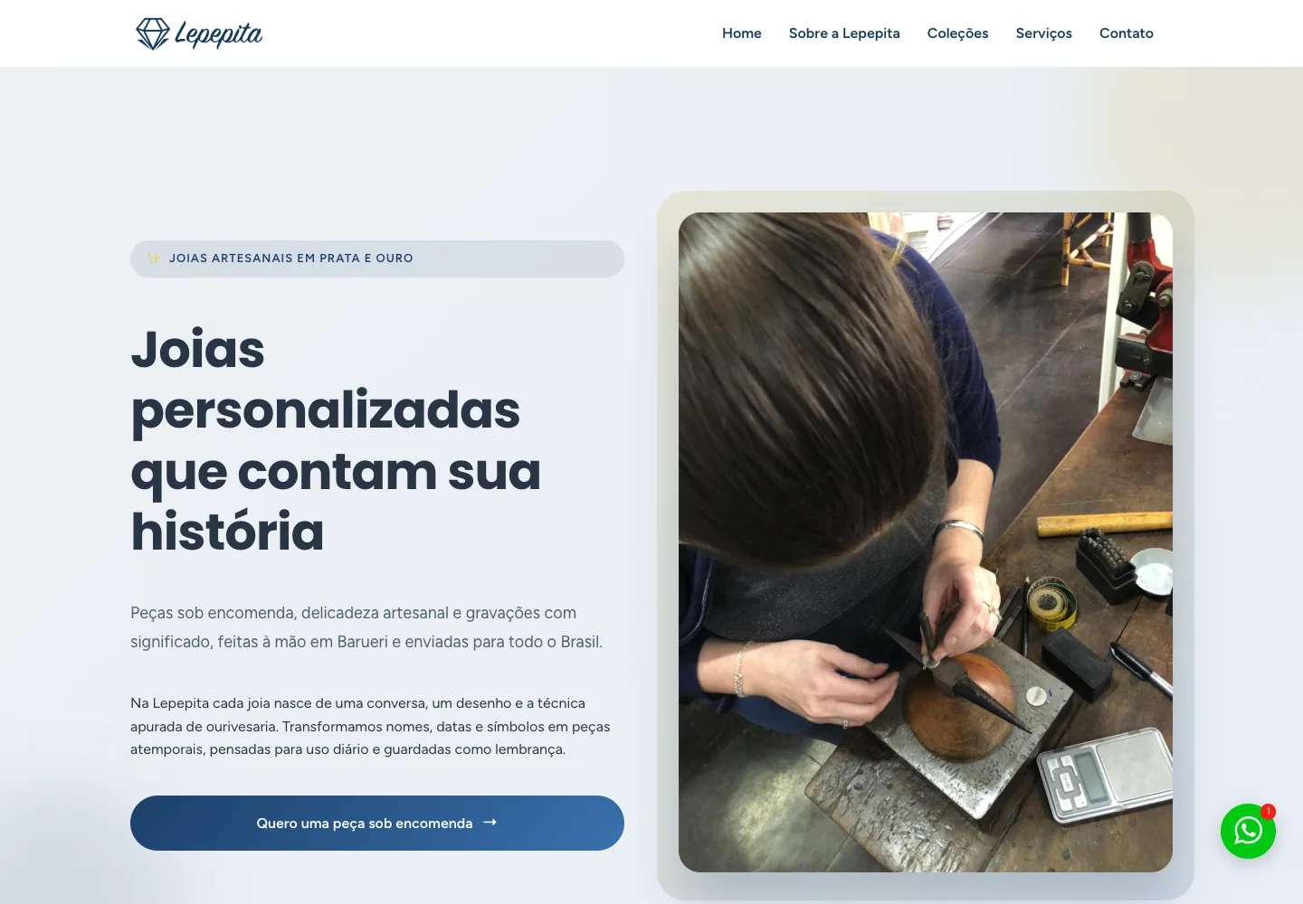 Página de joias personalizadas da Lepepita com fotografia do trabalho de ourivesaria