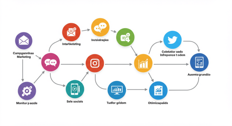 Uma representação gráfica de um fluxo de automação de marketing com ícones de e-mail, redes sociais e análise de dados.